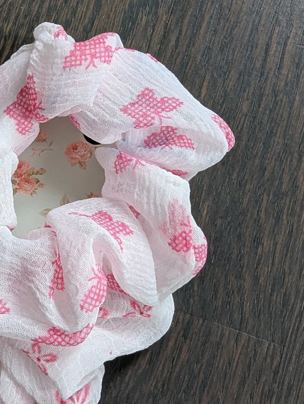 Set of 2 Pink Floral Chiffon Scrunchies / Hair Ties